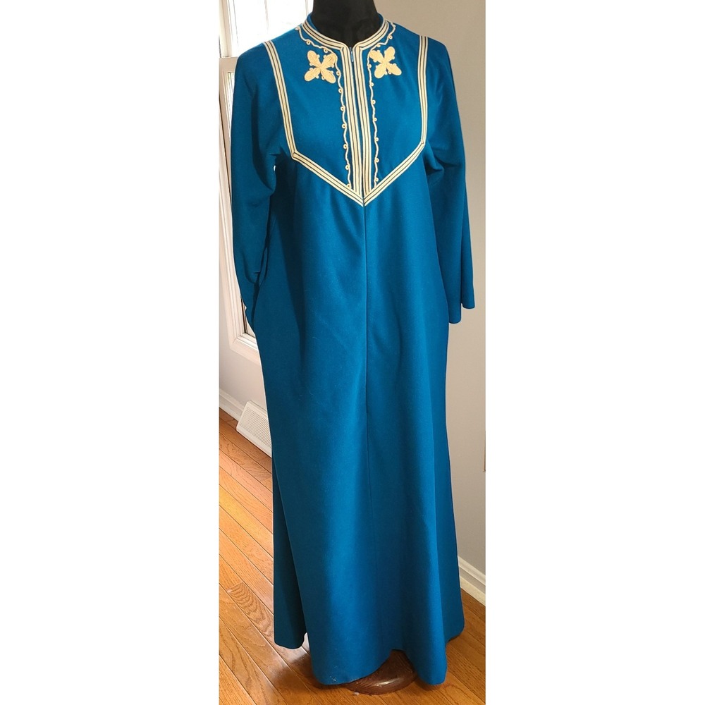 VASSARETTE Vtg Retro 1960-70s Boho Housecoat Gown Robe Teal Turquoise Pockets Lg